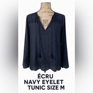 Ecru Navy Eyelet Embroidered Tunic Top Size M Boho Scalloped Hem